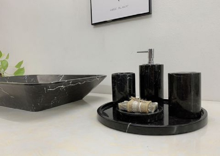 Bộ phụ kiện phòng tắm màu Đen chỉ trắng bằng đá tự nhiên