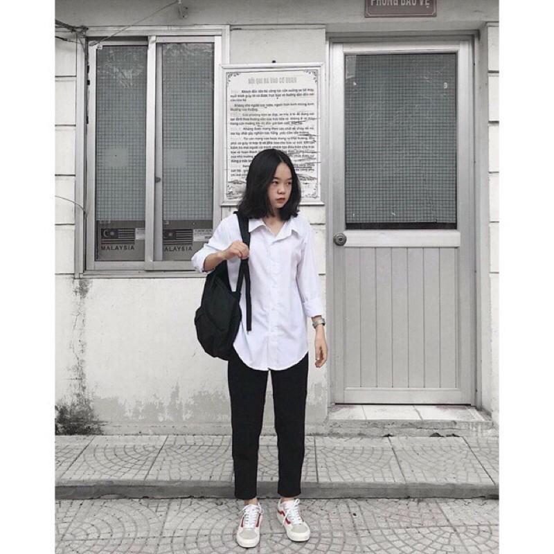 Áo Sơ Mi Nữ Dài Tay TRƠN Basic Unisex Dáng Rộng Trắng và Đen Kiểu áo sơ mi nữ tay dài form rộng suông