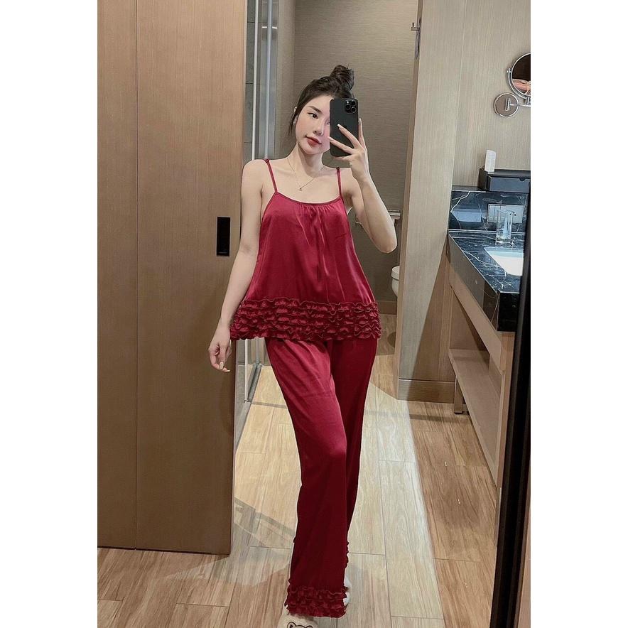Đồ ngủ 2 dây quần dài bèo gợi cảm, đồ bộ satin mặc cực mát