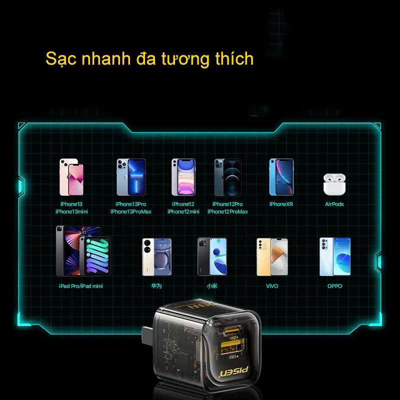 Cóc sạc nhanh PISEN Quick Ice Crystal PD 20W Explorer KPD201, siêu nhỏ, vỏ ngoài trong suốt lộ main, Hàng chính hãng