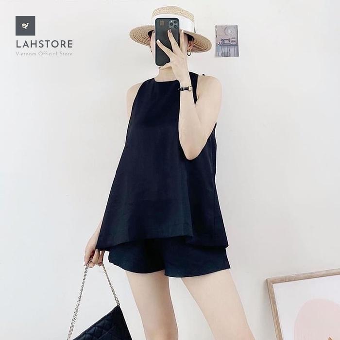 Bộ linen nữ sát nách LAHSTORE, dáng yếm nút xẻ sau trẻ trung năng động