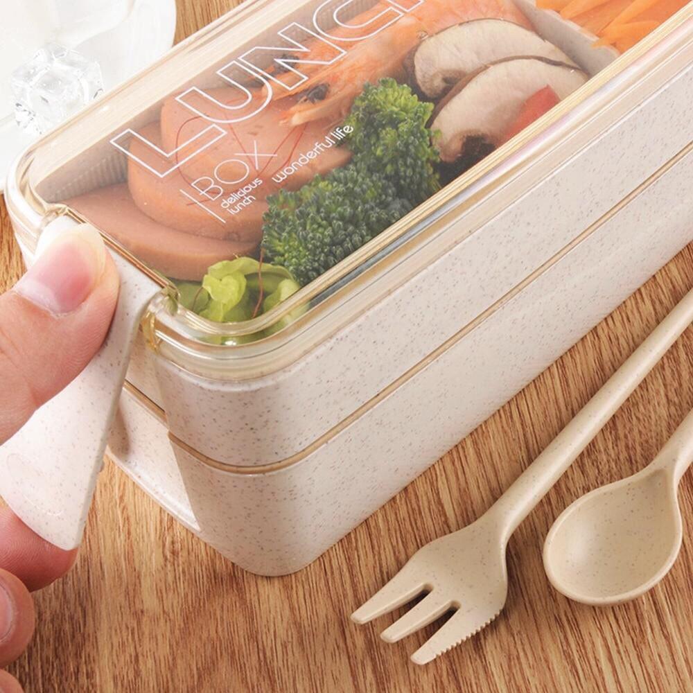 Hộp Cơm 3 Tầng Lúa Mạch Kèm Thìa,Dĩa