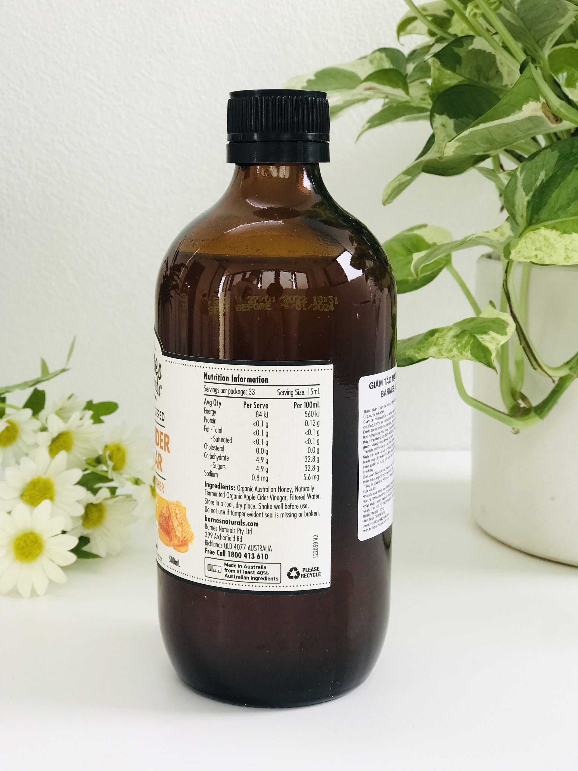 Giấm Táo Mật Ong Hữu Cơ Barnes Naturals 500ml (có giấm cái)