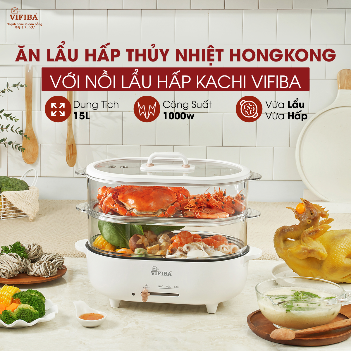 Nồi Lẩu Điện Hấp 2 Tầng Hàng Chính Hãng VIFIBA, Dung Tích Nấu 15L, Công Suất 1000W - Nấu Siêu Nhanh, Điều Chỉnh Nhiệt Độ