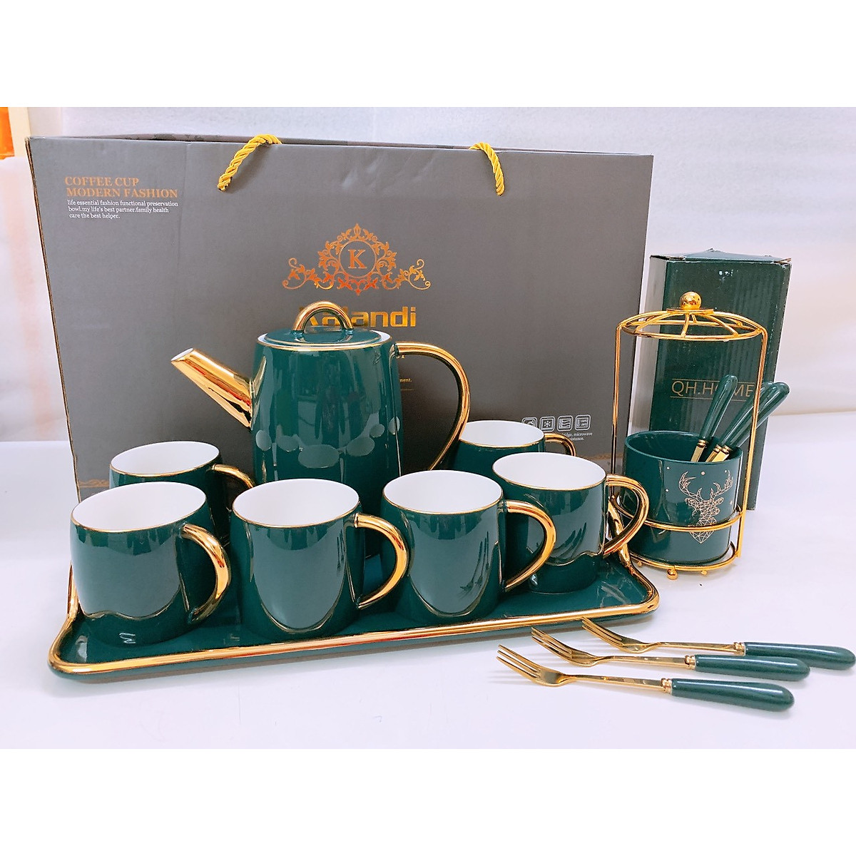 COMBO BỘ ẤM CHÉN KÈM KHAY SỨ PHA TRÀ KALANDi màu xanh cổ vịt