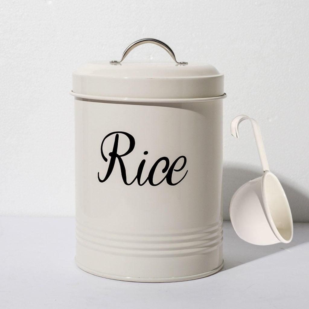 Rustic White Metal Kitchen Food Rice Storage Tin Jar 3L Container with Lid