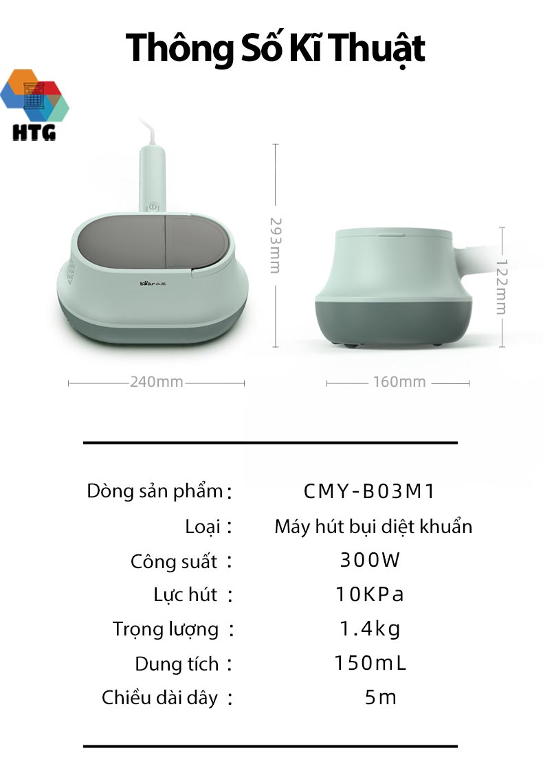 Máy hút bụi giường nệm Bear CMY-B03M1 diệt khuẩn UV-C, công nghệ khí nóng làm khô và kết hợp tinh dầu thơm, hàng chính hãng