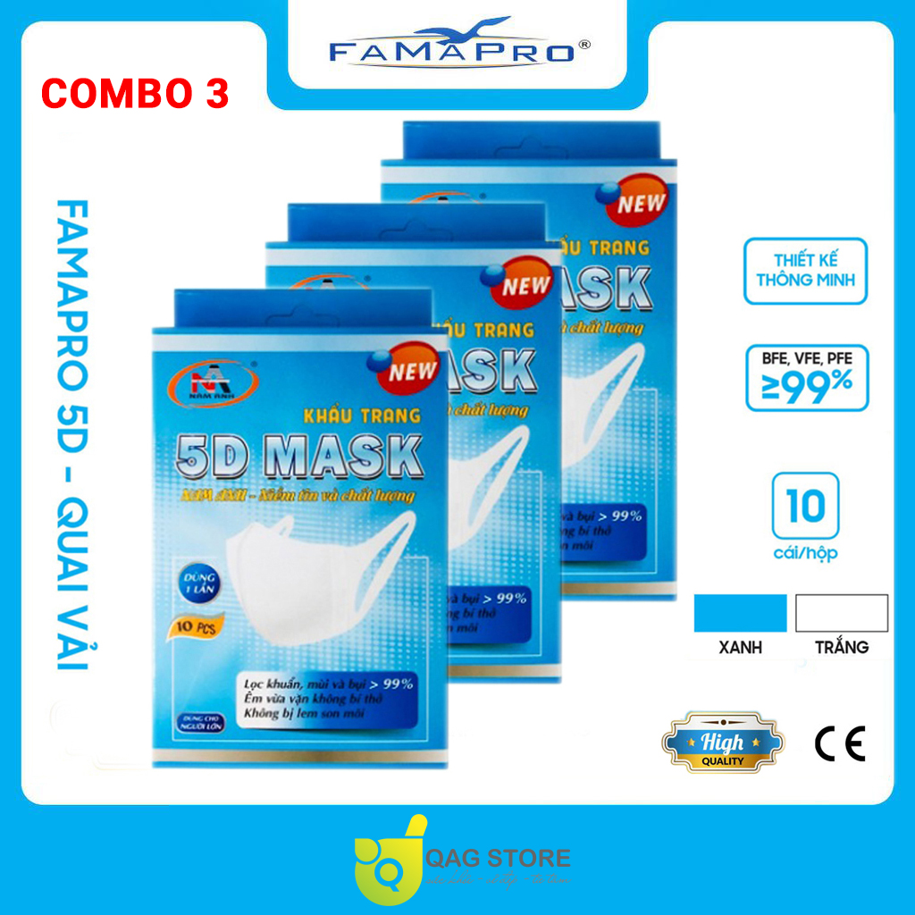 Khẩu trang y tế kháng khuẩn 3 lớp Famapro 5D Mask/ Giá ưu đãi Tiêu chuẩn quốc tế hộp 10 cái dây vải