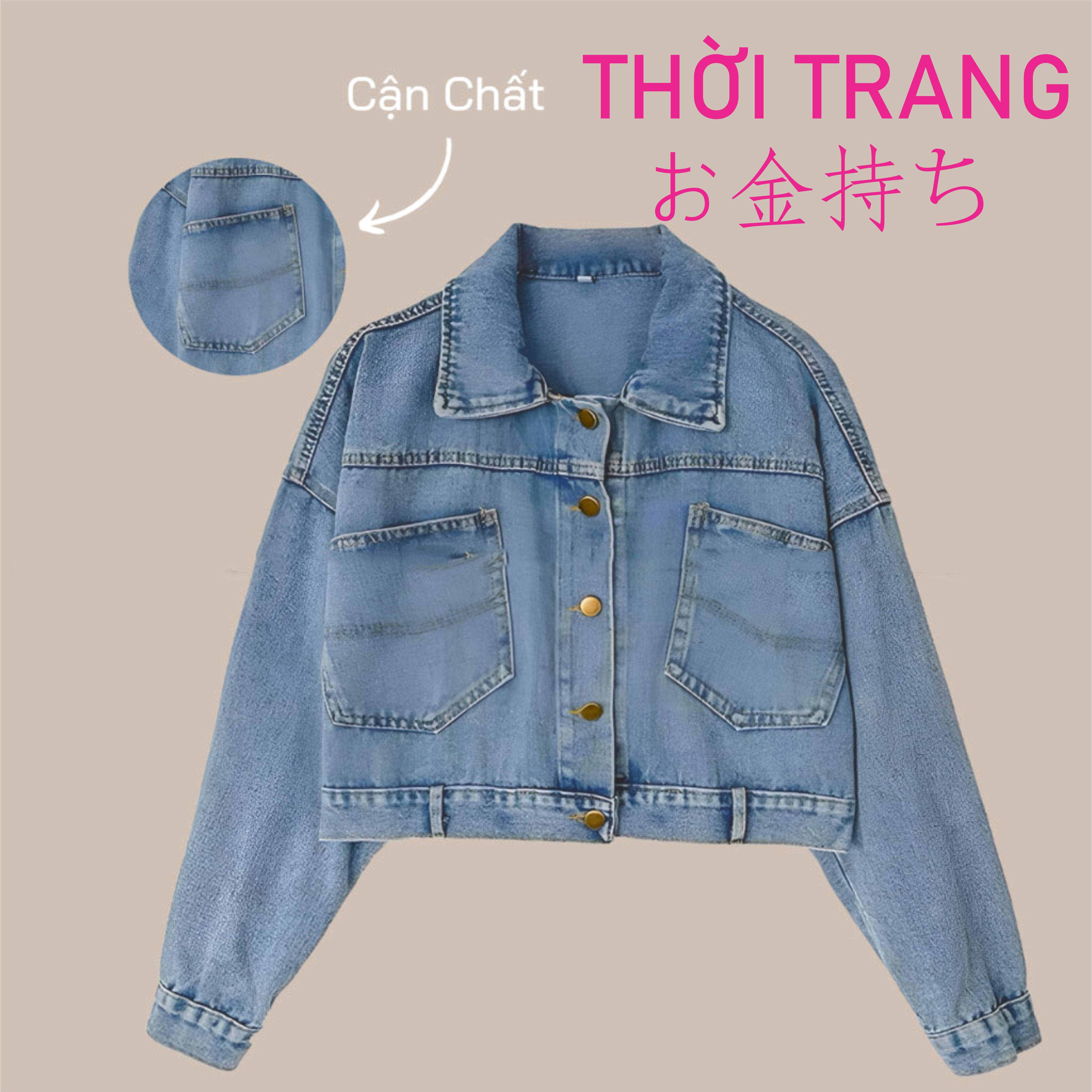 Áo khoác nữ jean おかねもち kiểu dáng trơn dài tay dáng croptop có khuy sau