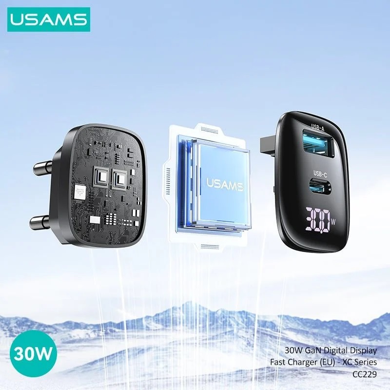 Củ sạc nhanh USAMS CC229 tích hợp 2 Cổng A+C 30W GaN Digital Display Fast Charger- Hàng Chính Hãng