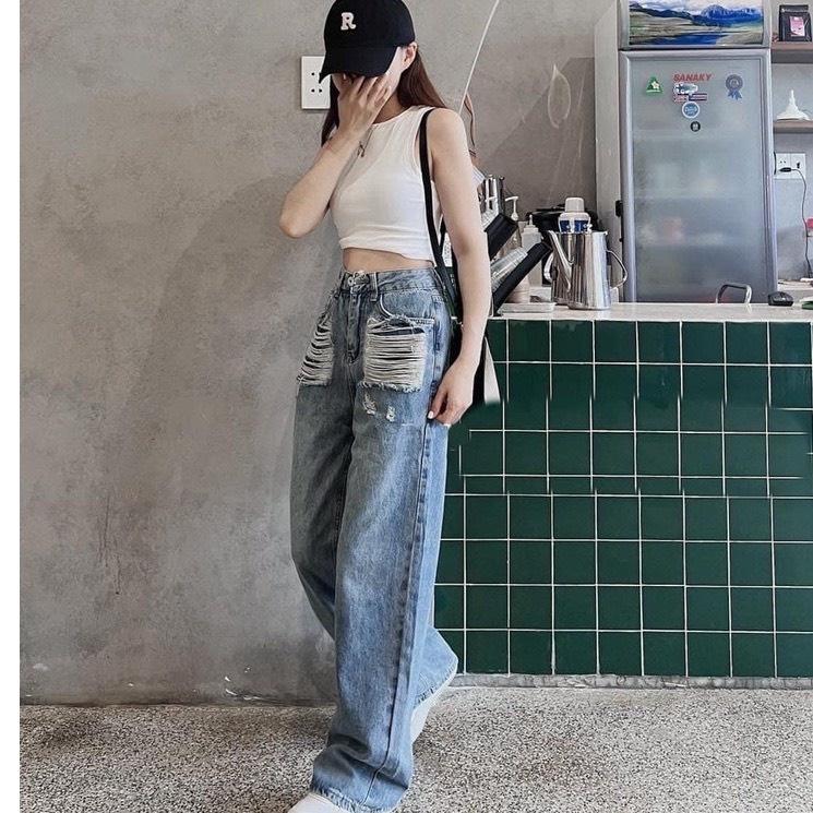 Quần Jeans Nữ Ống Rộng Cào Rách 2 Bên Túi, Quần Bò Ống Rộng Lưng Cao Siêu Phá Cách 2 Màu Xanh Đậm Và Nhạt 310