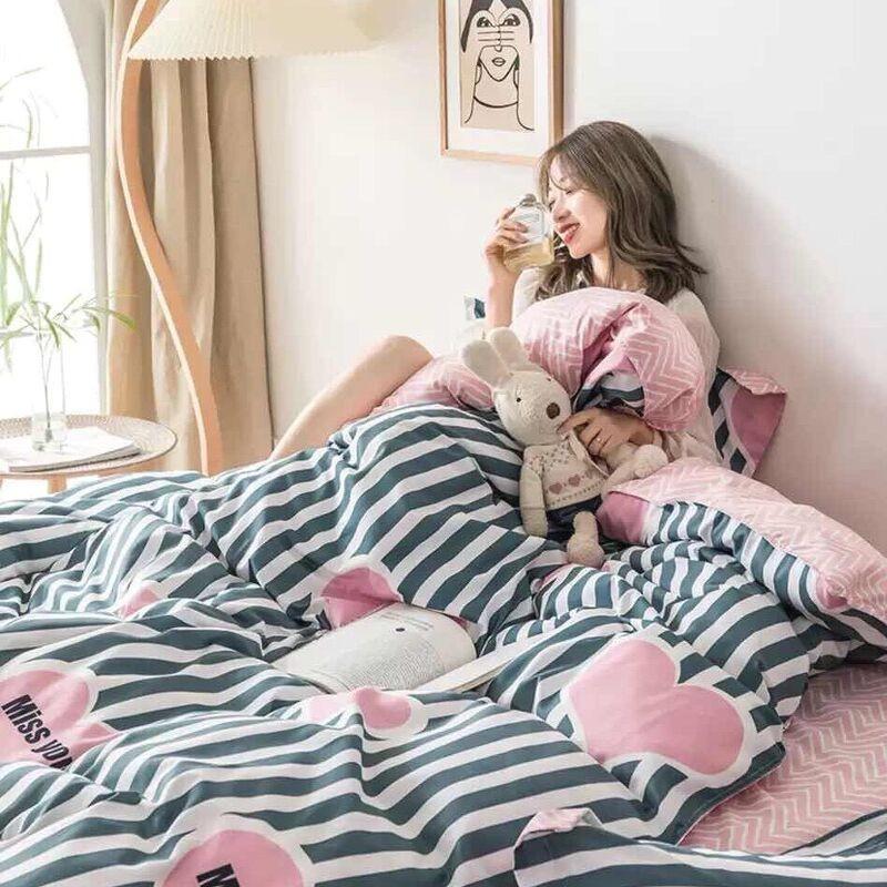 Bộ Chăn Ga Gối Cotton Poly Tim Kẻ Sọc