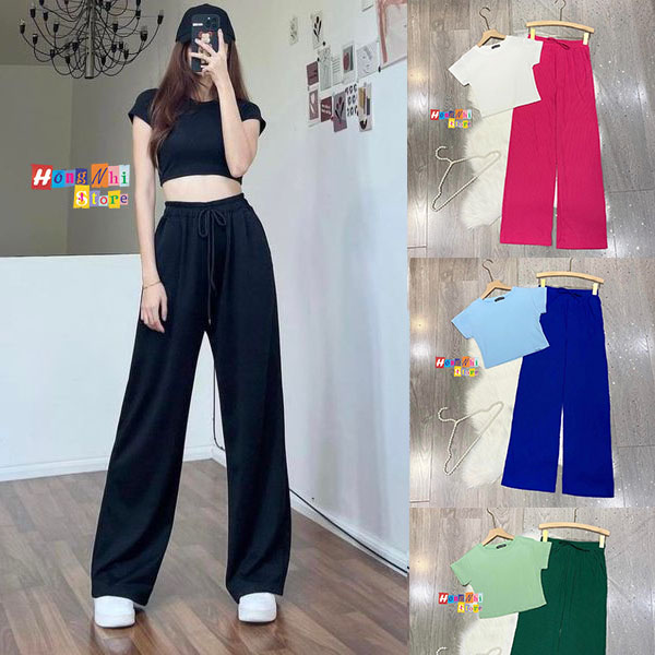 Set Bộ Thun Croptop Ôm Body Phối Quần Thun Gân Ống Rộng Ulzzang - MM