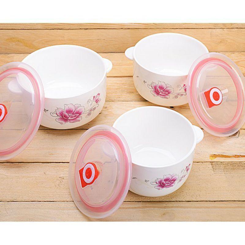 Bộ ba bát thố canh tô cơm sứ có nắp hút chân không, quai cầm để lò vi sóng, tủ lạnh chịu nhiệt cao