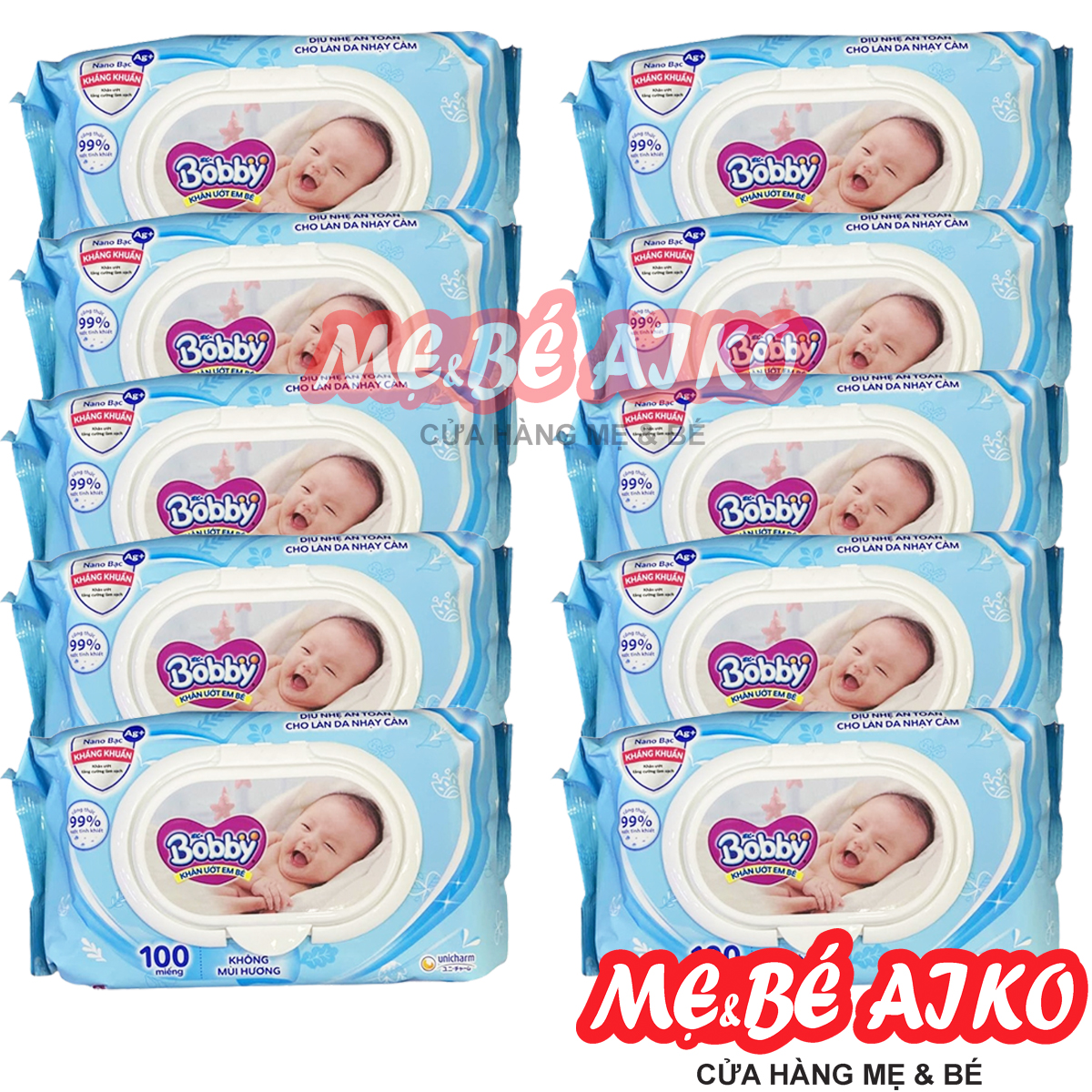 Combo Tiết Kiệm: 10 Gói Khăn Ướt Bobby Care Không Hương 100 Miếng/Gói