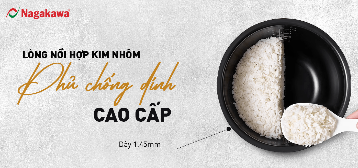 Nồi cơm điện cơ Nagakawa NAG0145 (1,8L - 900W) - Lòng nồi dạng niêu, hợp kim nhôm -  Bảo hành 1 năm - Hàng chính hãng