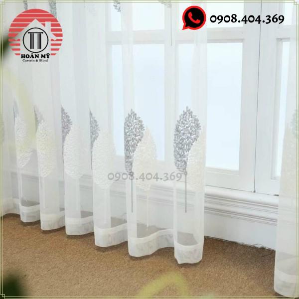 Rèm cửa sổ voan trắng thêu hình chiếc lá màu ghi,Voan thêu họa tiết làm rèm cửa sổ,cửa chính siêu xinh