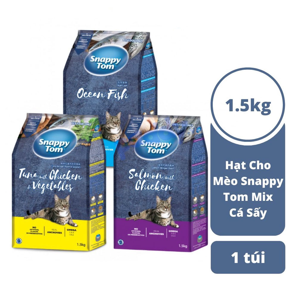 Thức Ăn Hạt Cho Mèo Loại Mới Có Topping Cá Cơm Snappy Tom 1.5kg - YonaPetshop