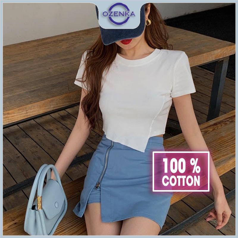 Áo croptop Ozenka cổ tròn cộc tay vạt lệch , áo crt kiểu Hàn Quốc mặc đi học đi chơi màu đen trắng dưới 55 kg