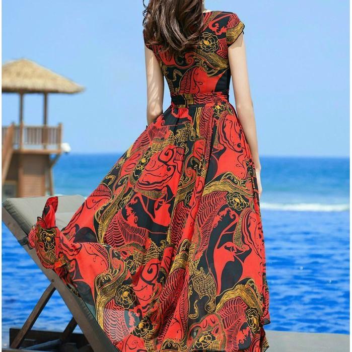 Váy Xòe Nữ Đi Biển, Đầm Maxi Dáng Dài Xòe Cổ Tròn Họa Tiết Thanh Lịch 2 Lớp Chất Voan Lụa Cao Cấp