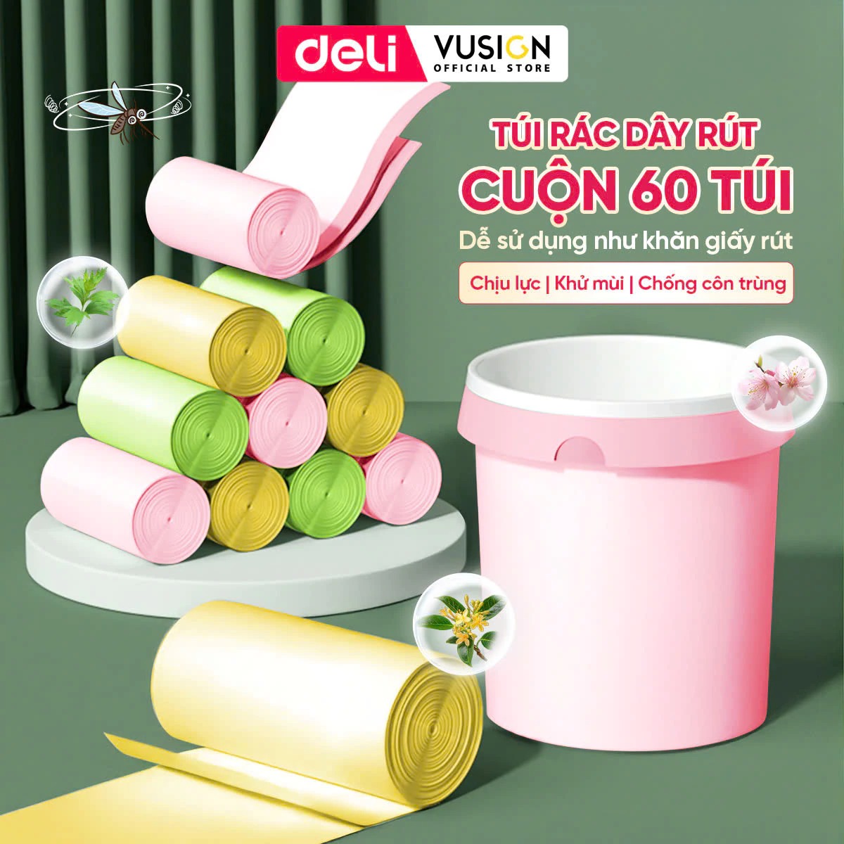 Cuộn 60 Túi Đựng Rác Dây Rút Hương DelixVusign Chống Côn Trùng Dày Dặn, Dai, Không Rò Rỉ Chống Rách cho thùng rác