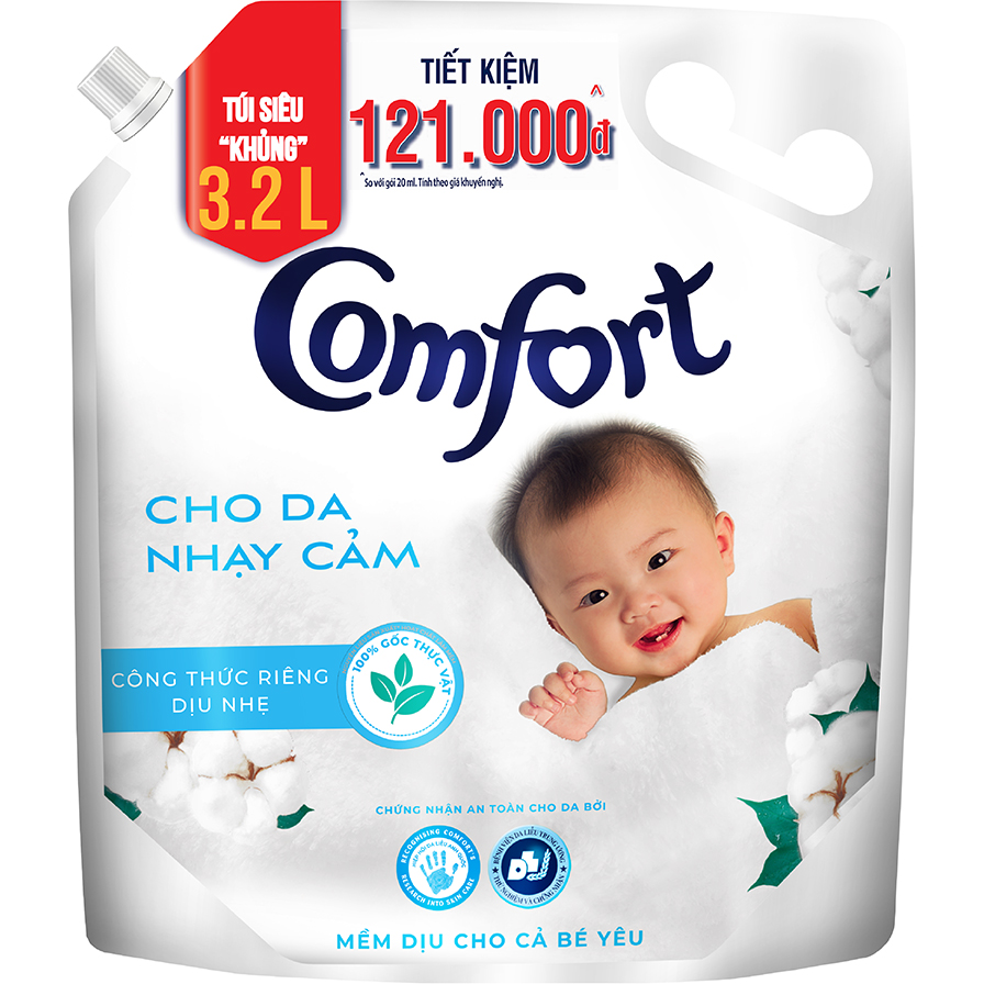 Nước Xả Làm Mềm Vải Comfort Chăm Sóc Dịu Nhẹ Cho Da Nhạy Cảm 3.2L