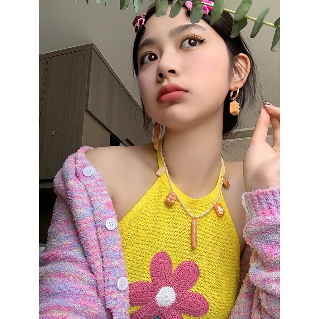 Áo croptop kiểu nữ 3 lỗ ôm body cổ yếm không tay len dệt kim bông hoa phía sau cột dây màu vàng