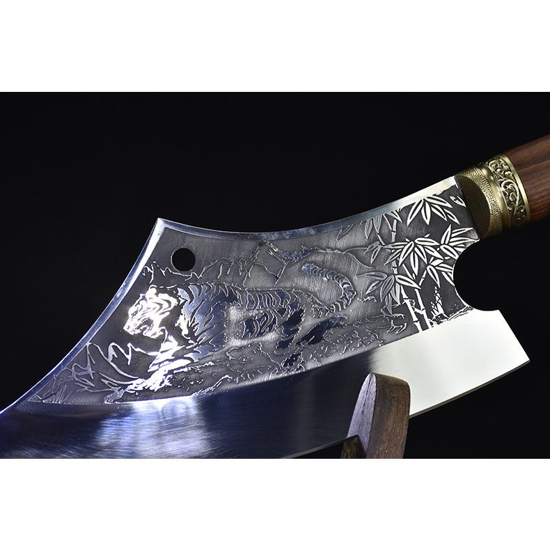 Dao bếp thái lọc,chặt gà không rỉ cao cấp, mặt dao dập chìm hoa văn hổ, khâu đồng -  A45 DT15