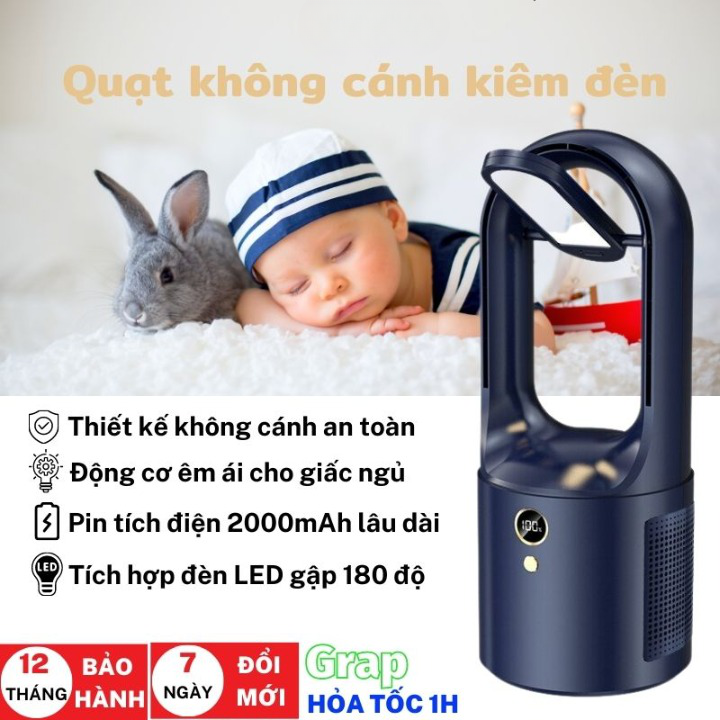 Quạt Không Cánh Cao Cấp, Kiêm Đèn Học Chống Cận Thị, Có 6 Chế Độ gió, Quạt Sạc Điện Để Bàn kiêm Đèn Ngủ, Đèn Học, Tiện Lợi Hơn Quạt Mini, Quạt Đeo Cổ