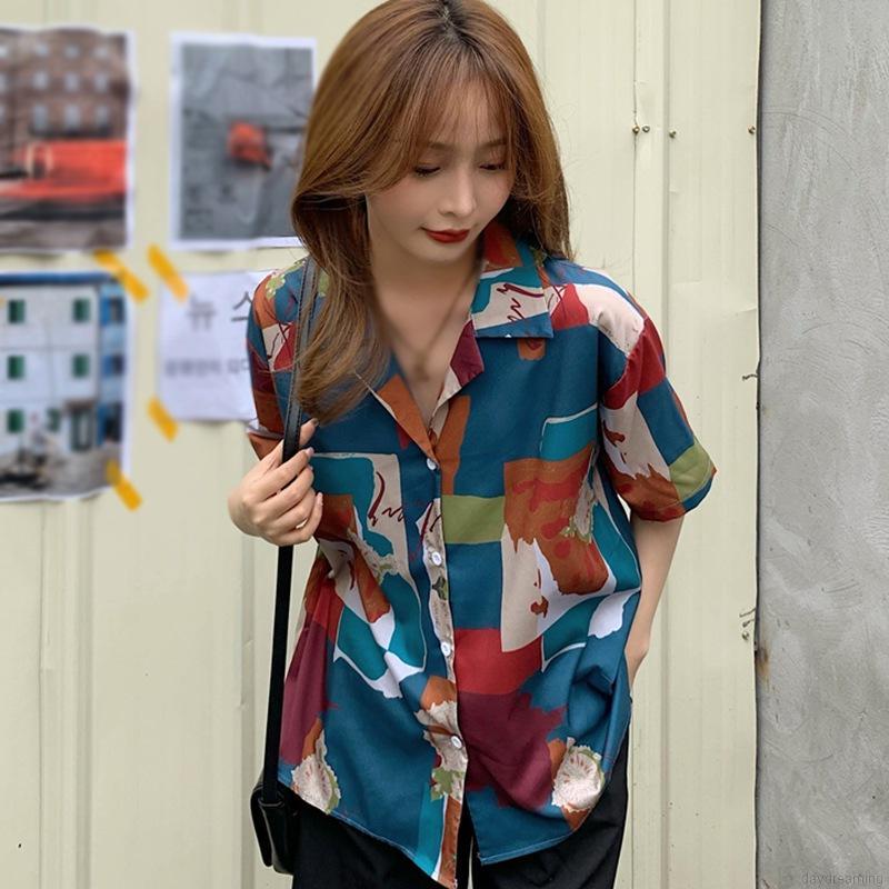 Áo Sơ Mi Voan Ngắn Tay Dáng Rộng In Họa Tiết Hình Học Cá Tính Cho Nữ
