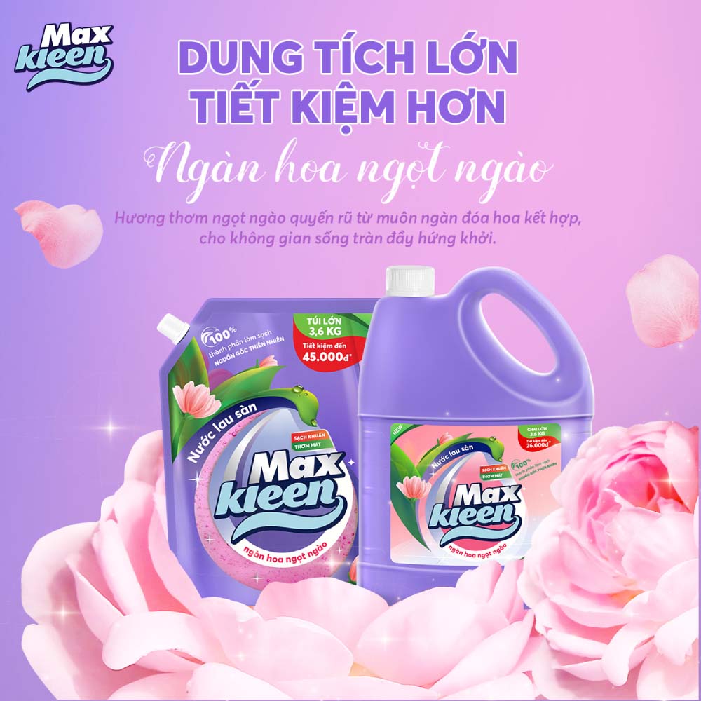 Combo Túi Nước Lau Sàn 3.6kg Ngàn hoa ngọt ngào + Túi Nước Giặt Xả MaxKleen 3.8kg Vườn Sớm Mai