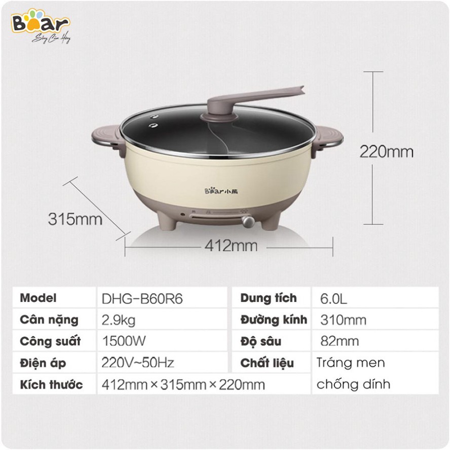 Nồi Lẩu Điện 2 Ngăn Đa Năng Bear Model B06R6 Dung Tích 6L - Hàng Chính Hãng