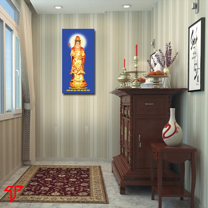Tranh gỗ treo tường trang trí nhà cửa cao cấp hiện đại mẫu tượng vàng quan thế âm bồ tát, Tranh Phật Giáo Tam Thánh 2431 (30 x 60 cm)