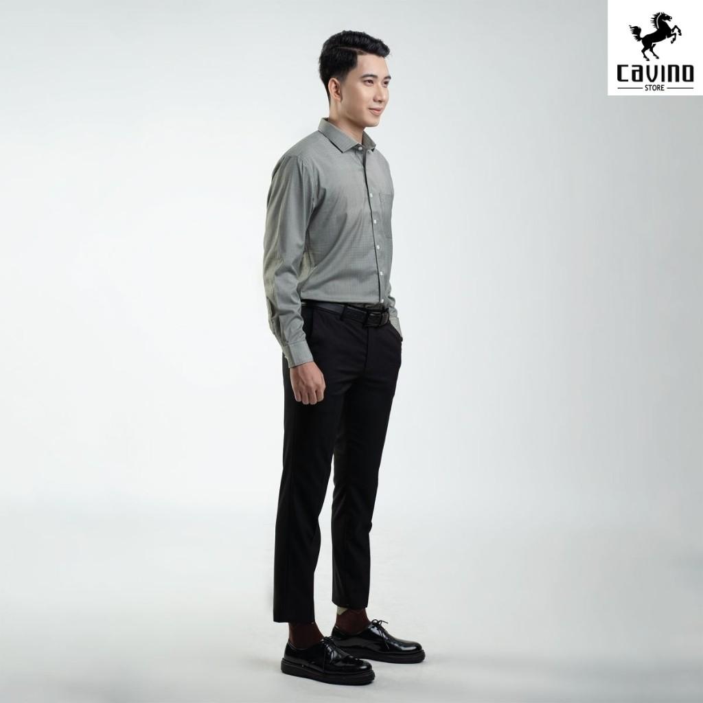 Sơ mi nam nâu rêu kẻ tăm 928 CAVINO cao cấp, vải bambo sợi tre chống nhăn, thoáng khí