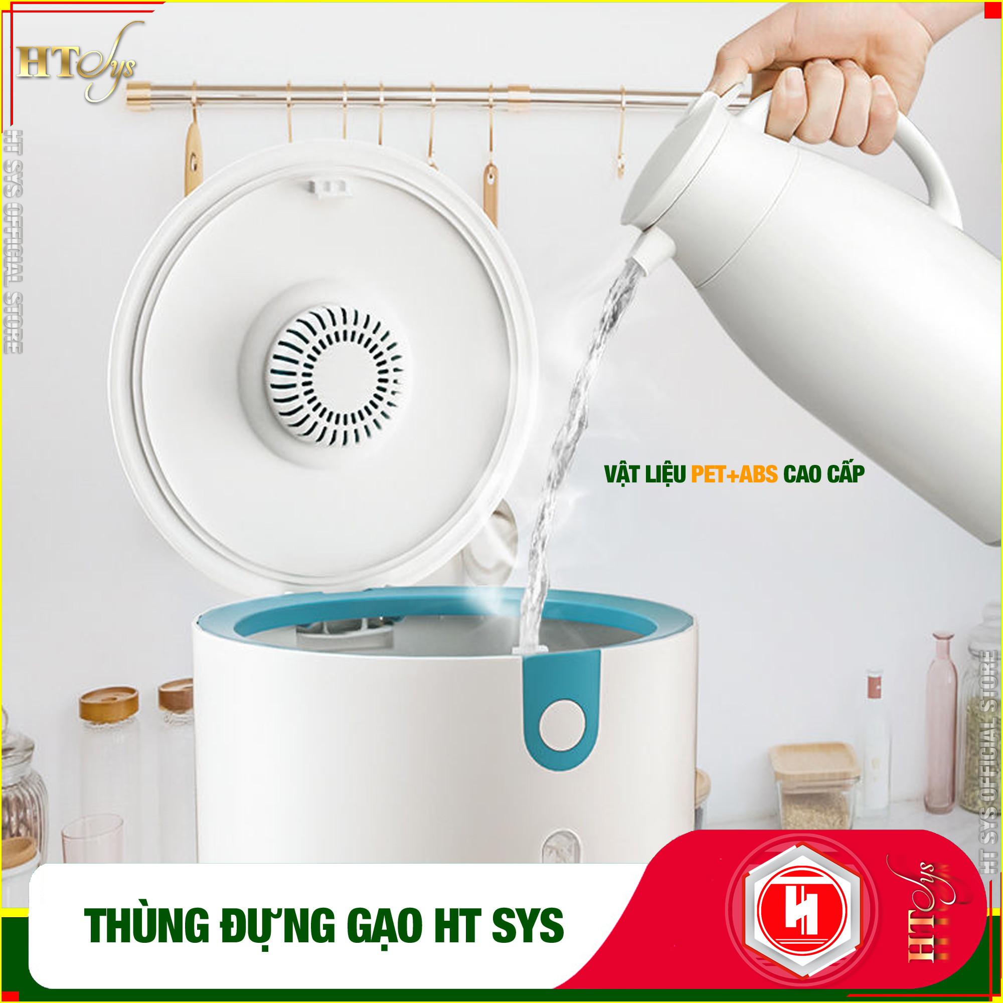 Thùng đựng gạo thông minh HT SYS - Thiết kế dạng nhấn nút - Chống kiến - Chống ẩm - Chống mọt - Chất liệu ABS cao cấp + Sét móc vàng tài lộc - Hàng Nhập Khẩu