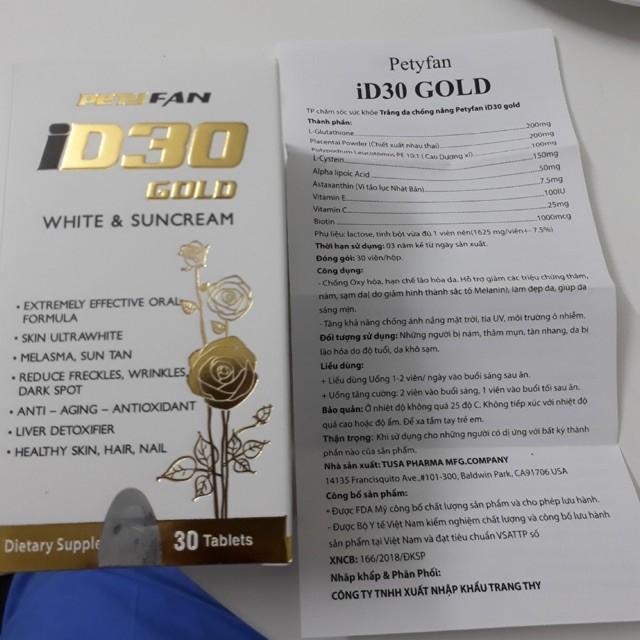 HÀNG NHẬP KHẨU - Viên uống trắng sáng da PETYFAN ID30 Gold White & Suncream chống nắng giảm nám chống lão hóa Hộp 30Viên