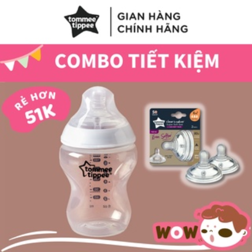 Combo Bình Sữa Tommee Tippee Natural Start Ty Siêu Mềm Tự Nhiên 260ml &amp; Núm Ty Silicon Thay Thế 6M+