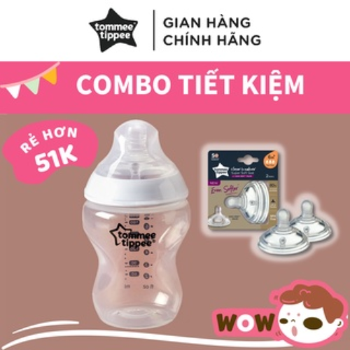 COMBO Bình sữa ty siêu mềm tự nhiên Tommee Tippee Closer to Nature 260ml &amp; Núm ty silicon thay thế 6M+