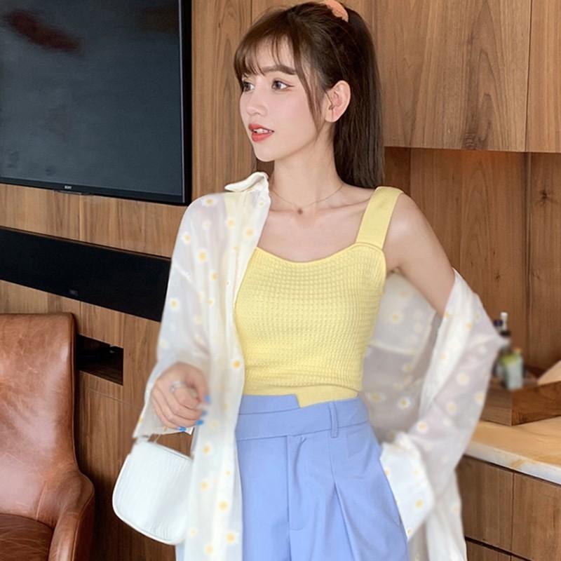 Áo Croptop Dệt Kim Sát Nách Cổ Vuông Màu Trơn Xinh Xắn Cho Nữ