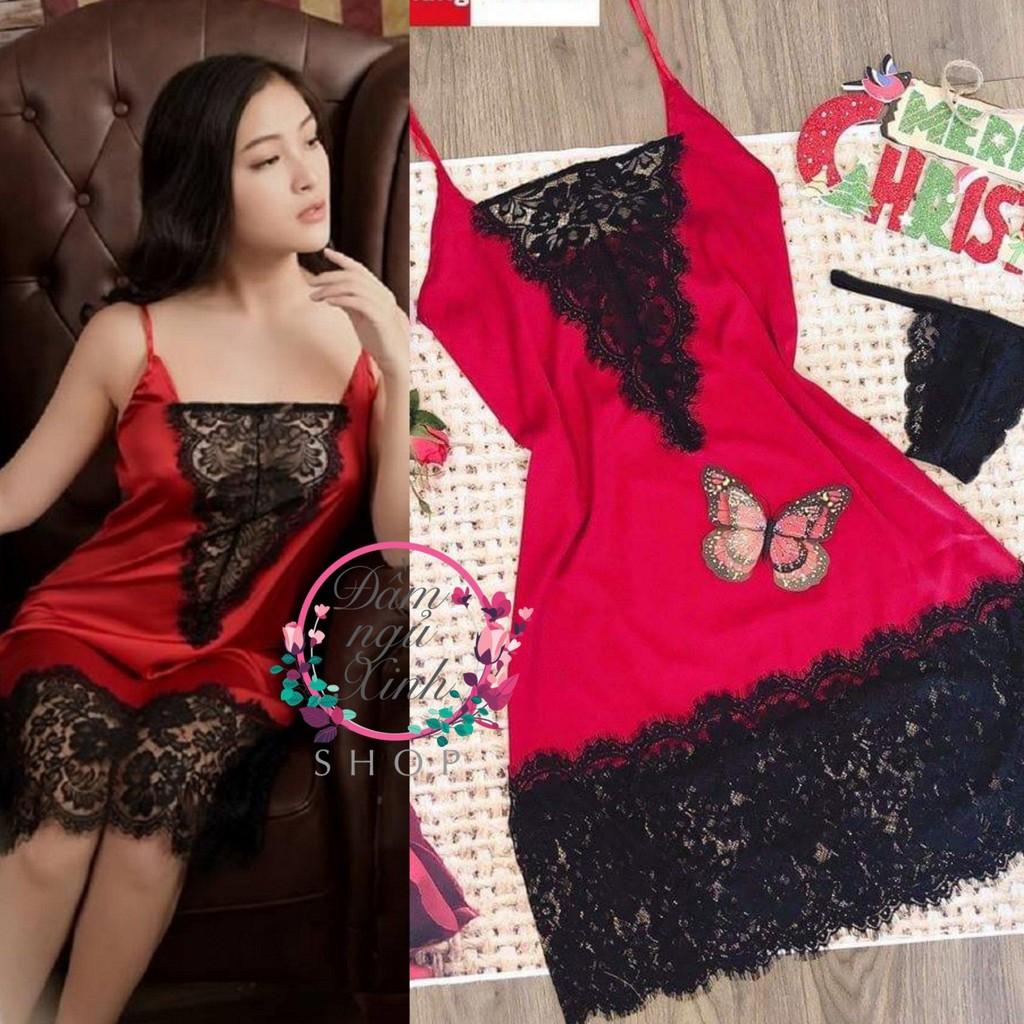Váy ngủ lụa phối ren bản to sexy ,sang trọng tặng kèm chip ren