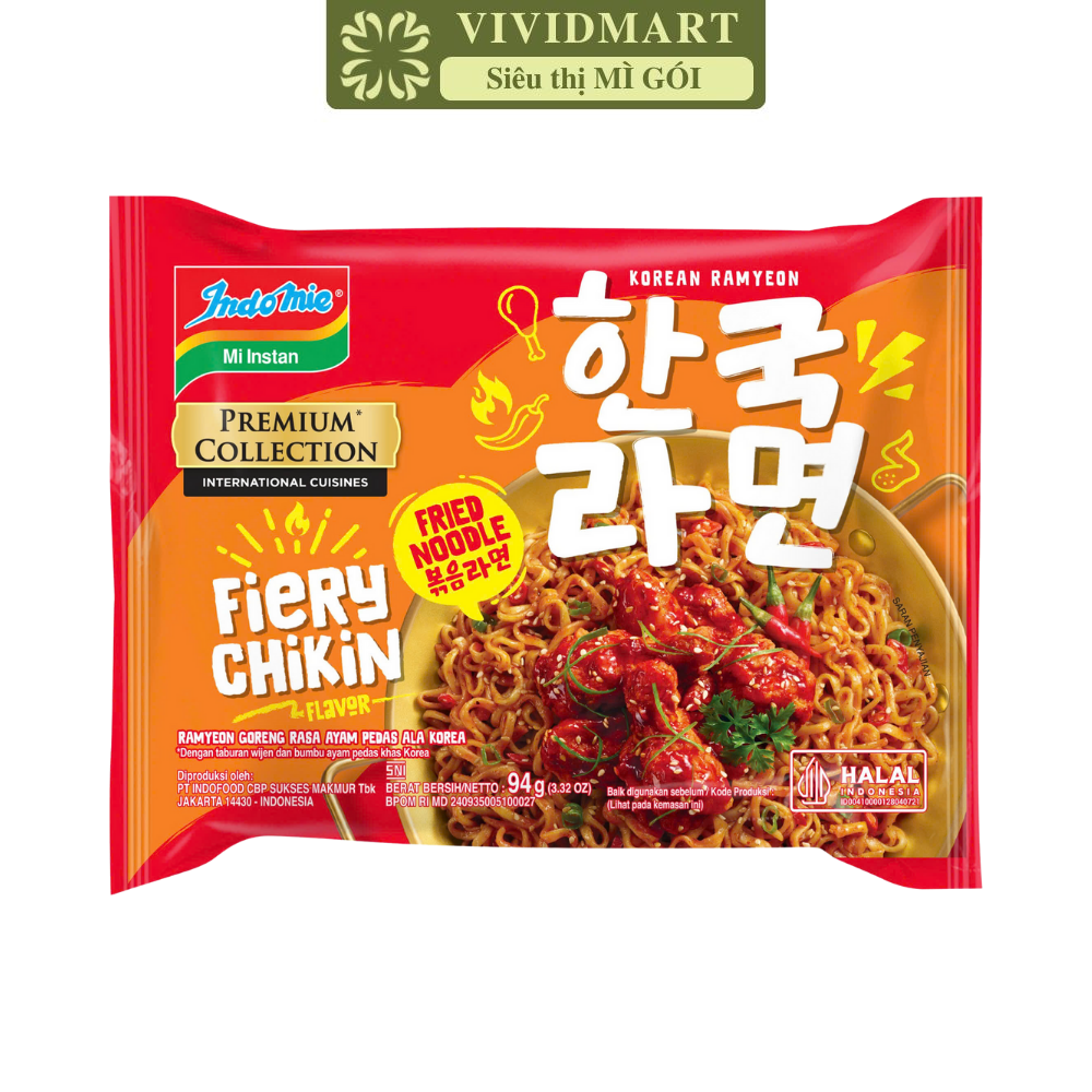 INDOFOOD - Mì trộn Indomie Premium Gà siêu cay, Mì trộn Gà siêu cay Indomie Premium mì Hàn Quốc (94g/gói)