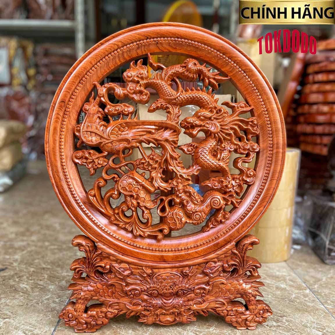 Tranh Đĩa Phong Thuỷ Tứ Linh Gỗ Hương Đá Cao Cấp Thương Hiệu TOKDODO