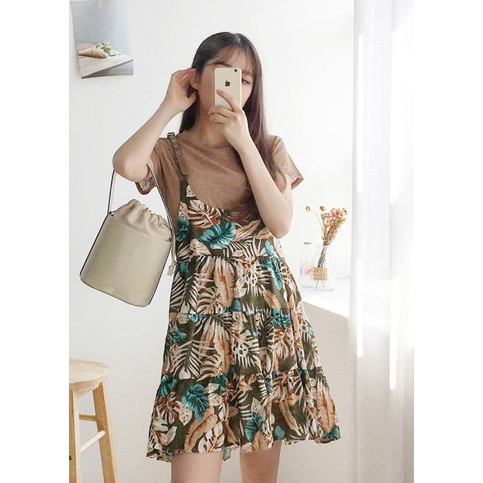 Set Áo Phông + Đầm Yếm Xòe Họa Tiết Hoa Lá Freesize