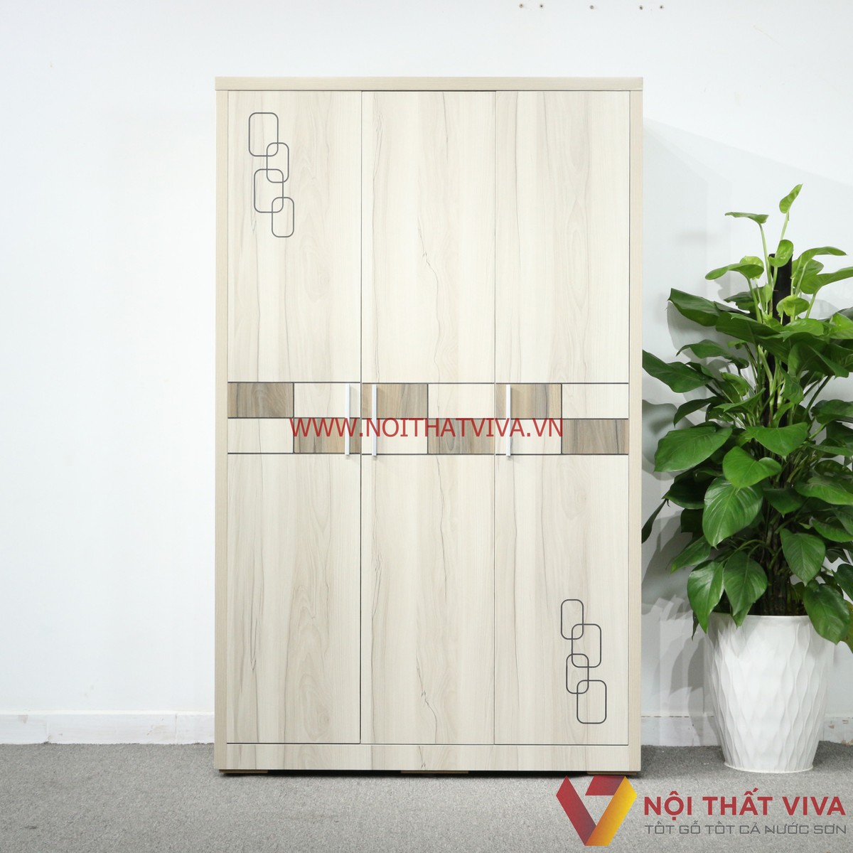 Tủ Quần Áo 3 Cánh Gỗ MDF Màu Sữa Vân Gỗ Chạm Họa Tiết Hiện Đại Đẹp