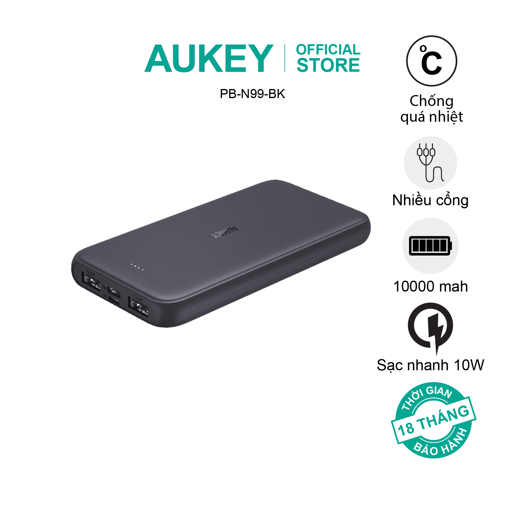 Pin sạc dự phòng Aukey Basix Slim PB-N99 10000mAh, hàng chính hãng