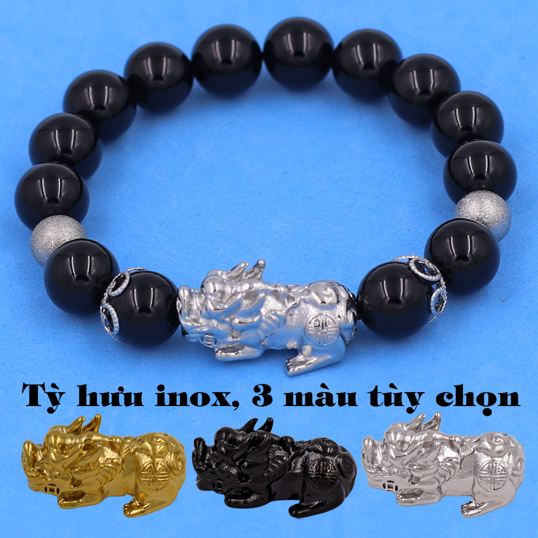 Vòng chuỗi đeo tay đá thạch anh đen 12 ly charm tỳ hưu inox, bi inox, khía bông inox, vòng tay phong thuỷ