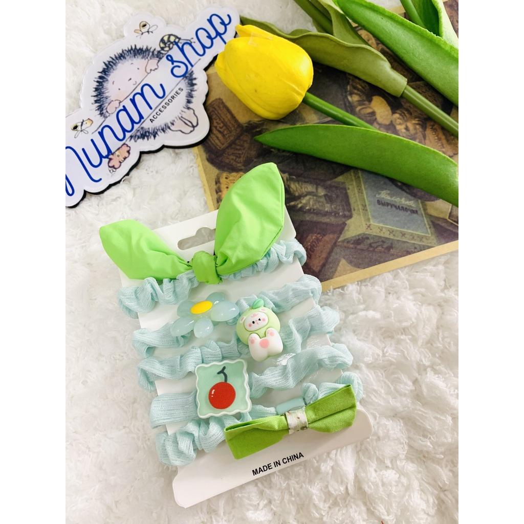 Set 5 - cột tóc crunchies vải màu xanh lá nhiều hoạt tiết dễ thương Nunam shop đồ cột tóc đẹp, cute, cao cấp