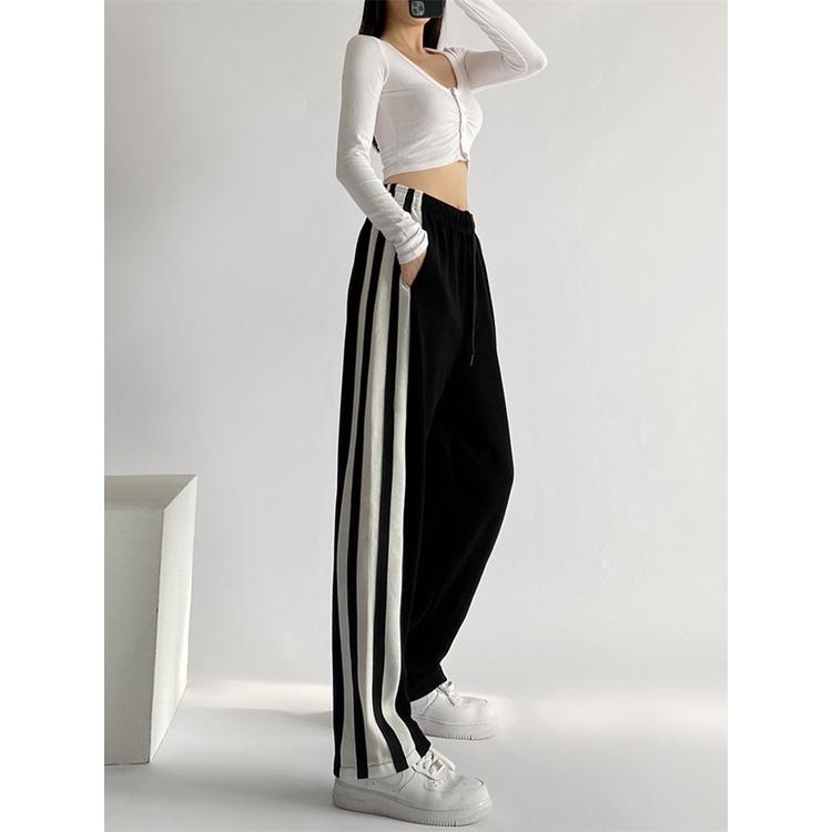 Quần Ống Rộng Nữ Zinti Cạp Thun Culottes Chất Poly Viền Kẻ To 2 Bên Họa Tiết Trơn Đen Viền Trắng QD37