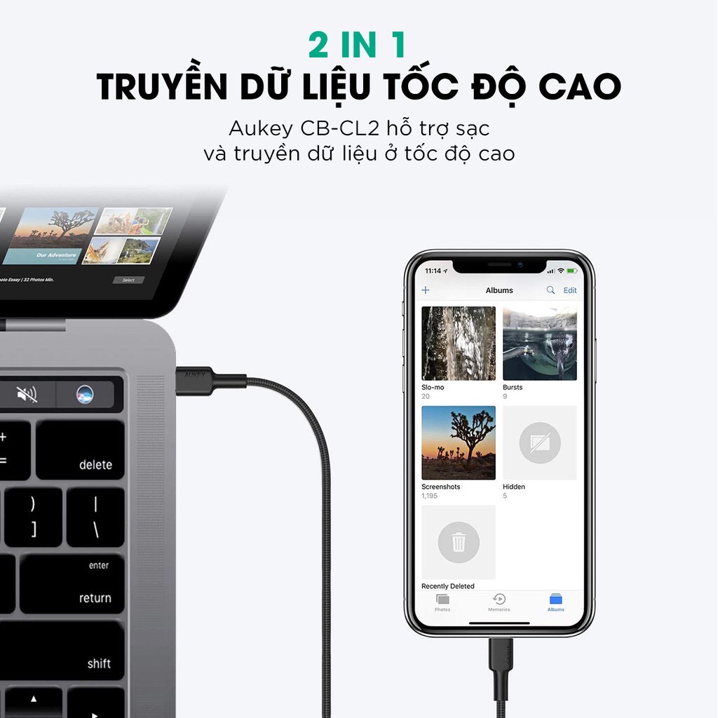 Combo Sạc Nhanh Siêu Nhỏ Aukey PA-F1S Power Delivery 20W - Cáp Sạc Nhanh USB-C to Lightning Aukey CB-CL2 2M - Hàng Chính Hãng