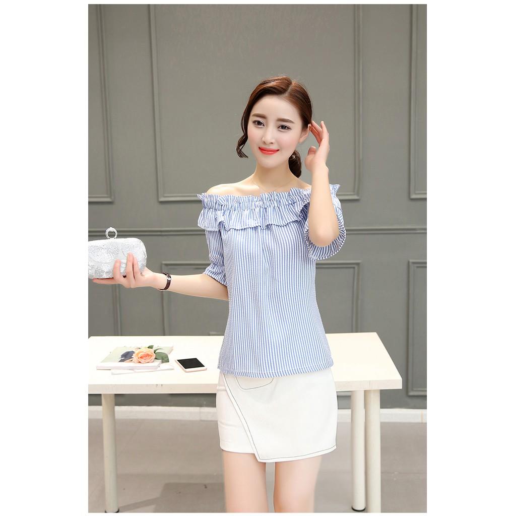Áo kiểu nữ trễ vai cổ nhún bánh bèo ale26